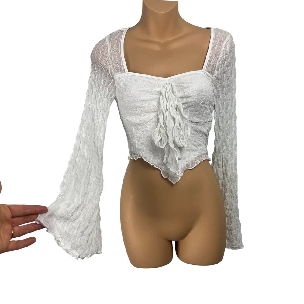 Shein White Textured Bell Sleeve‎ Tie Front Crop Top XS Babydoll Fairycore Boho